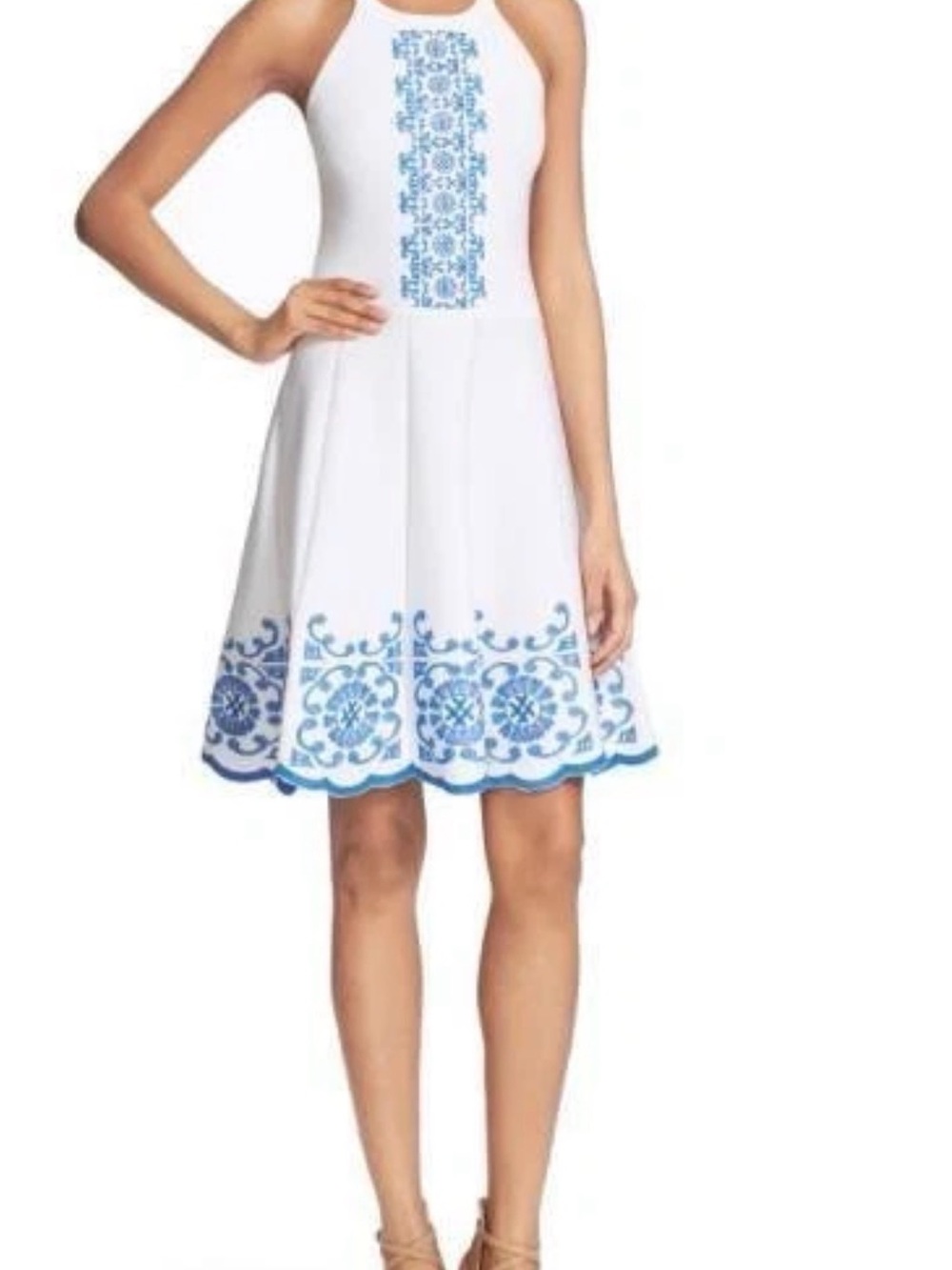 Parker Cheryl Embroidered Knit Halter Dress White Blue Scalloped Fit Flare $298